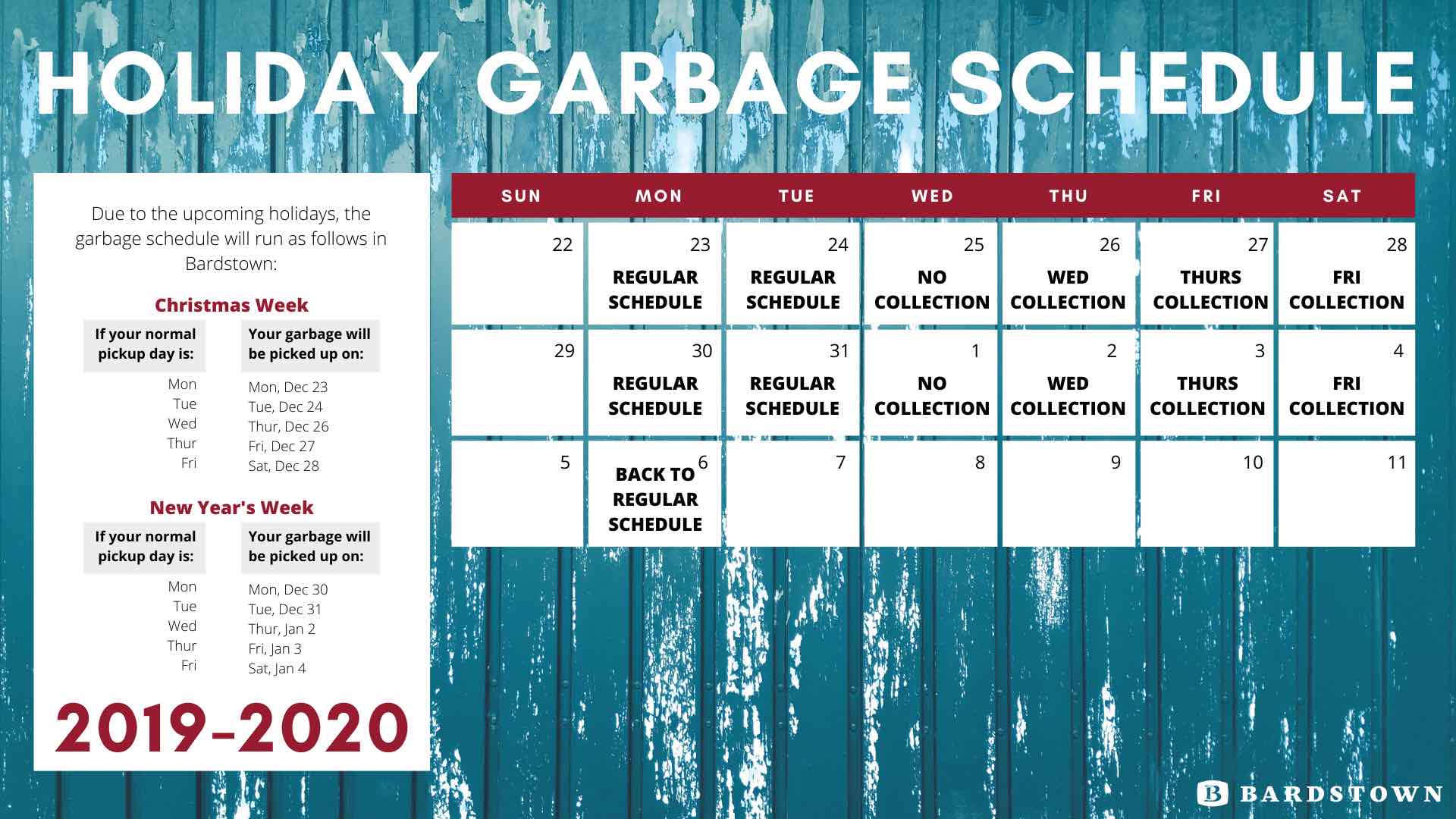 2019-20 Holiday Garbage Schedule